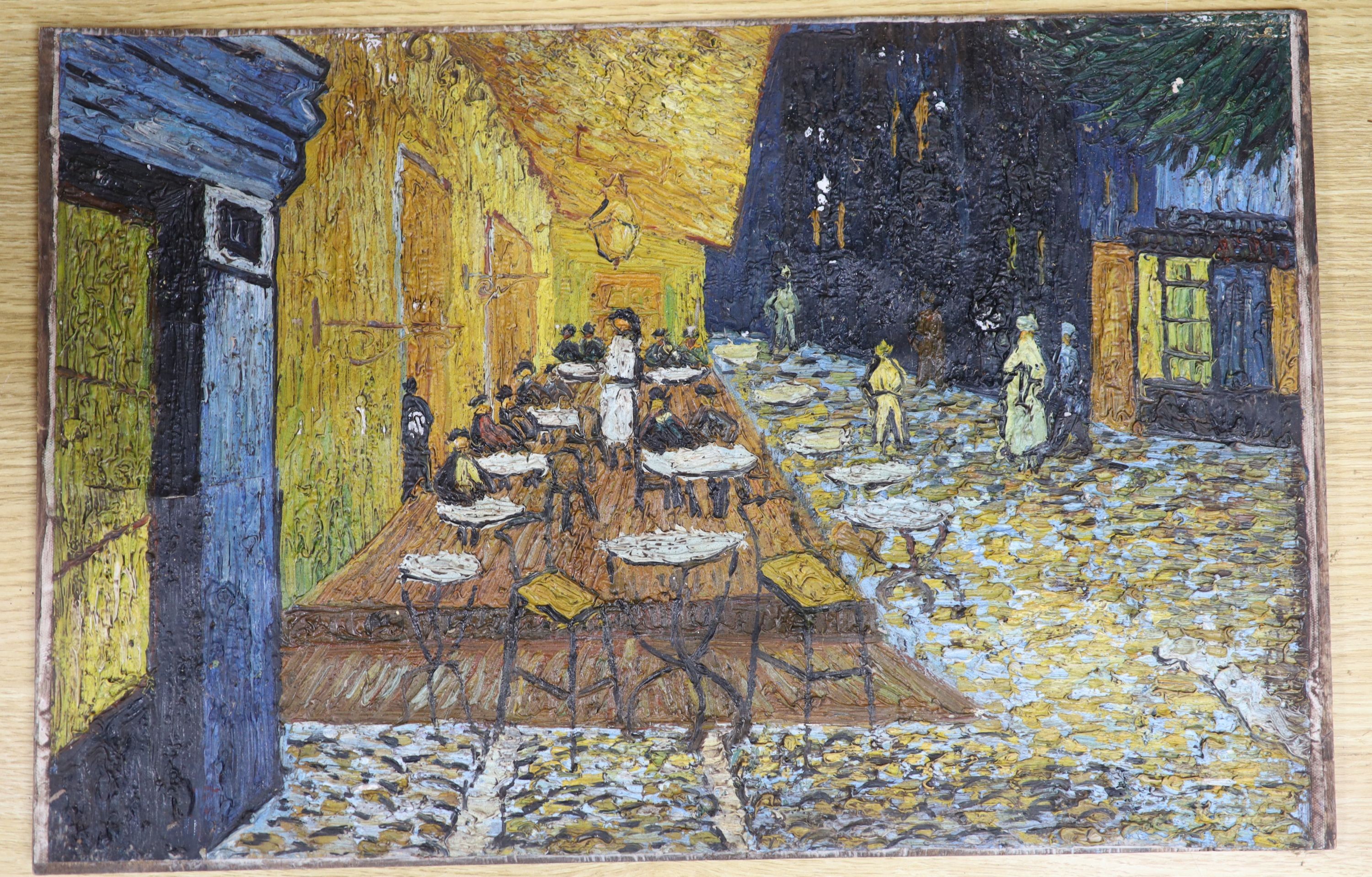 After Vincent van Gogh, oil on canvas laid on board, Cafe Terrace at Night, 35 x 54cm, unframed